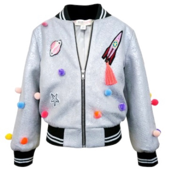 2T Sara Sara Truly Me Silver Metallic Space Rocket Ship Pom Pom Bomber Jacket - Picture 1 of 8